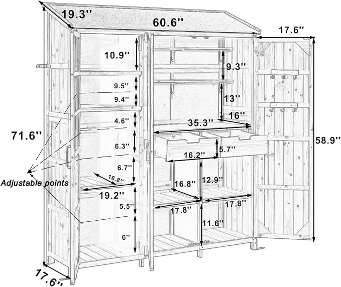 Merax Outdoor Wood Large Patio Garden Storage Shed with Waterproof Roof, 3 Doors Storage Cabinet with Workstation, 7 Storage Shelves, 2 Drawers and 6 Hooks for Backyard, Natural