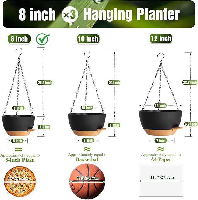 8 Inch Self Watering Hanging Planters Set of 3 with Saucers | Set of 3 8-inch self-watering hanging planters with side-fill watering ports, chain hangers & snap-on saucers