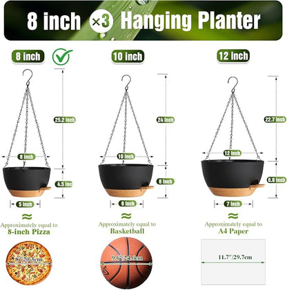 8 Inch Self Watering Hanging Planters Set of 3 with Saucers | Set of 3 8-inch self-watering hanging planters with side-fill watering ports, chain hangers & snap-on saucers