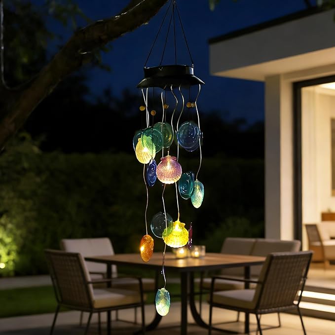 Solar Wind Chimes Outdoor with Glass and Copper (Solar Shell) | Solar Powered, Garden Decor, Patio Decor, Glass and Copper, Outdoor Use