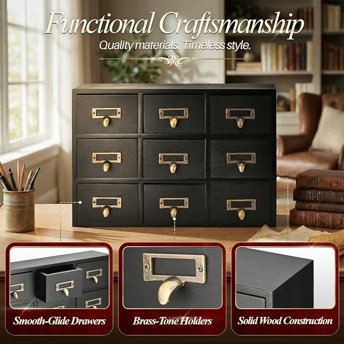 Flexzion Apothecary Cabinet with Drawers - 9 Vintage Drawers, Card Catalog Cabinet, Black Wooden Tabletop Desktop Organizer for Home Office, Jewelry, Makeup, Tools & Small Item Storage