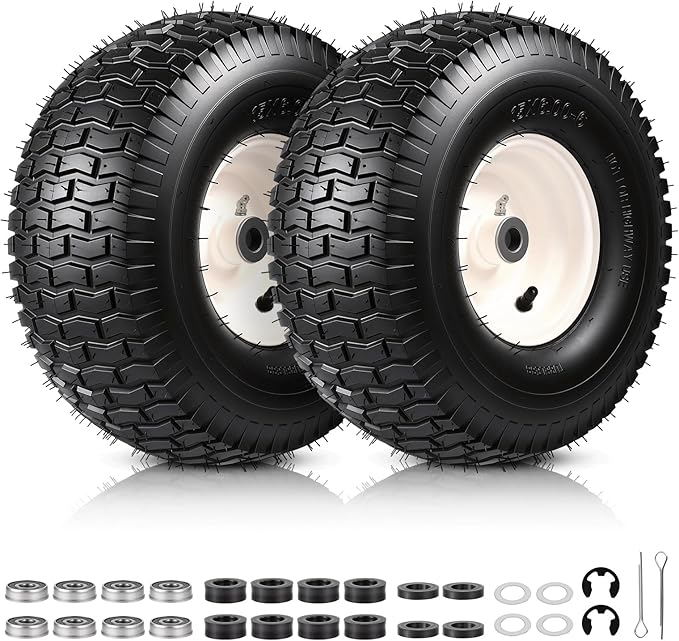 15x6.00-6 Lawn Mower Tire and Wheel, Replacement for John Deere Craftsman Husqvarna Riding Mowers, 4 Ply Tubeless Lawn Mower Tires 15x6x6, 500lbs Capacity, 3" Centered Hub, 3/4" Bushing, 2 Pack