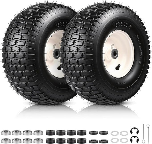 15x6.00-6 Lawn Mower Tire and Wheel, Replacement for John Deere Craftsman Husqvarna Riding Mowers, 4 Ply Tubeless Lawn Mower Tires 15x6x6, 500lbs Capacity, 3" Centered Hub, 3/4" Bushing, 2 Pack