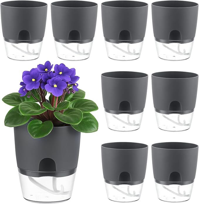 Planterhoma 8 Pack Self Watering Pots for Indoor Plants, 4 Inch Plant Pot Plastic Self Watering Planter for Orchid, African Violet, Small Clear Flower Pots with Drainage Holes and Wicking Rope, Grey