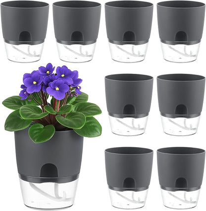 Planterhoma 8 Pack Self Watering Pots for Indoor Plants, 4 Inch Plant Pot Plastic Self Watering Planter for Orchid, African Violet, Small Clear Flower Pots with Drainage Holes and Wicking Rope, Grey