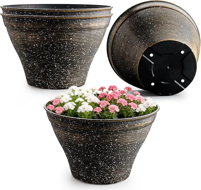 RooTrimmer 16 Inch Plant Pots 4 Pack, Large Planter Pots for Plants Indoor Outdoor, Sturdy Plastic Flower Pots with Drainage Hole, Retro Decorative Garden Pots, Plant Containers for House, Black