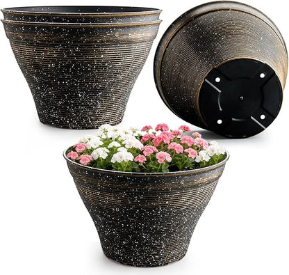 RooTrimmer 16 Inch Plant Pots 4 Pack, Large Planter Pots for Plants Indoor Outdoor, Sturdy Plastic Flower Pots with Drainage Hole, Retro Decorative Garden Pots, Plant Containers for House, Black
