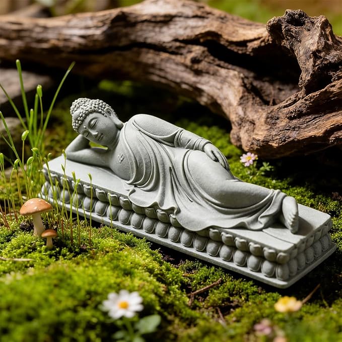 livelyfish Sleeping Buddha Statue Sandstone Buddha Figurine Zen Buddhism Sculpture for Aquarium Fish Tank Garden Home Decor (M)