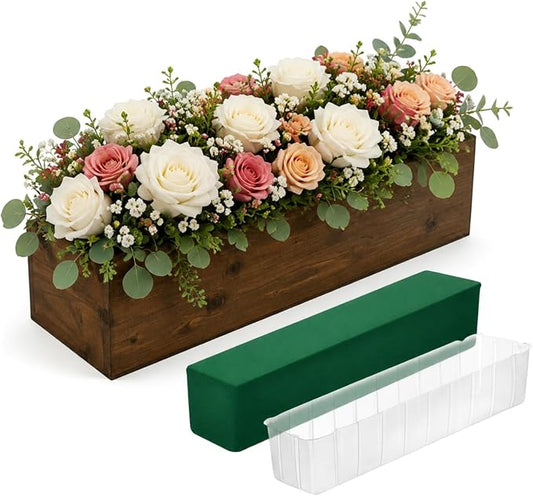 Dandat 1 Set Wood Boxes for Centerpieces 16x4 Inch Rectangle Wooden Planter Box Rustic Wooden Planters with Removable Plastic Liner Floral Foam Blocks for Christmas Wedding Home Garden Decor(Brown)