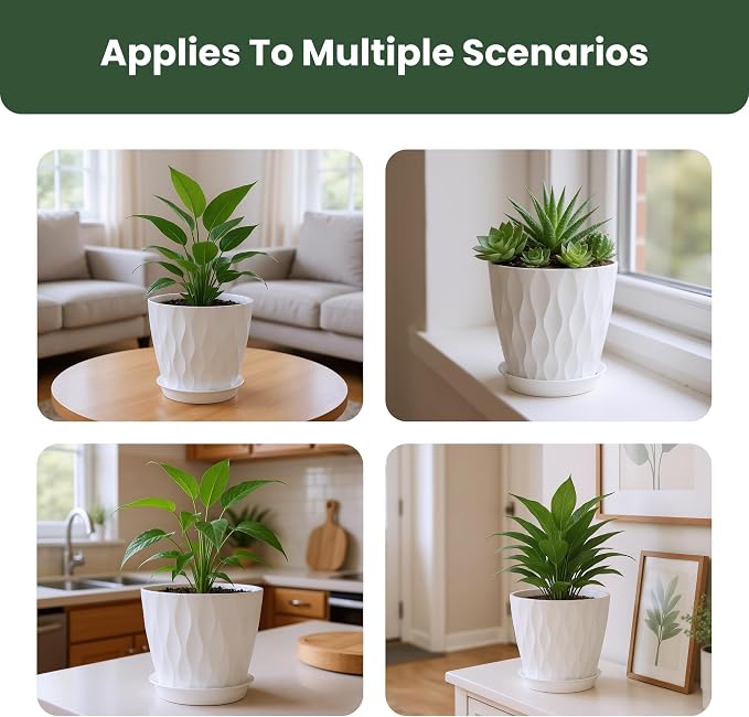 Plant Pots, Plastic Flower Pots for Indoor & Outdoor Plants, Planters with Drainage Holes and Saucer, Garden Pot for Plants (White 7/6.5/6/5.5/5/4.5/4 inch)