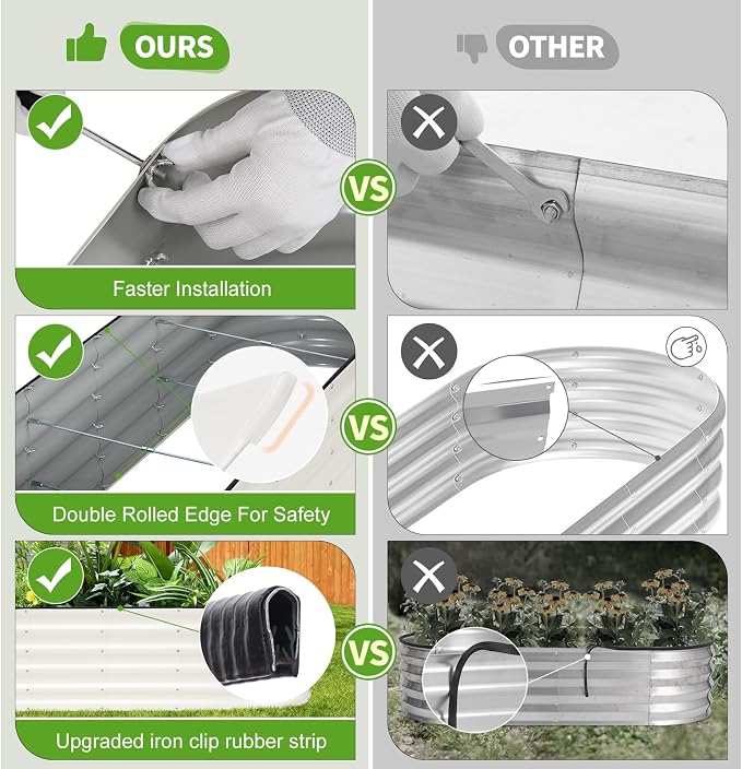Galvanized Raised Garden Bed - 6x2x1.4FT Metal Planter Boxes Outdoor | Oval Steel Raised Bed Kit for Gardening with Protective Tape, Gloves for Vegetables, Flower, Herb (White)