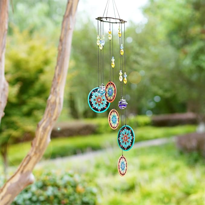 YU FENG 23.5 Inch Metal Flower Wind Chimes, Boho Window Hanging Decor | Chakra Glass Beaded Design, Colorful Mosaic Ornament, Spiritual Hanging Decoration for Patio Garden Home Window