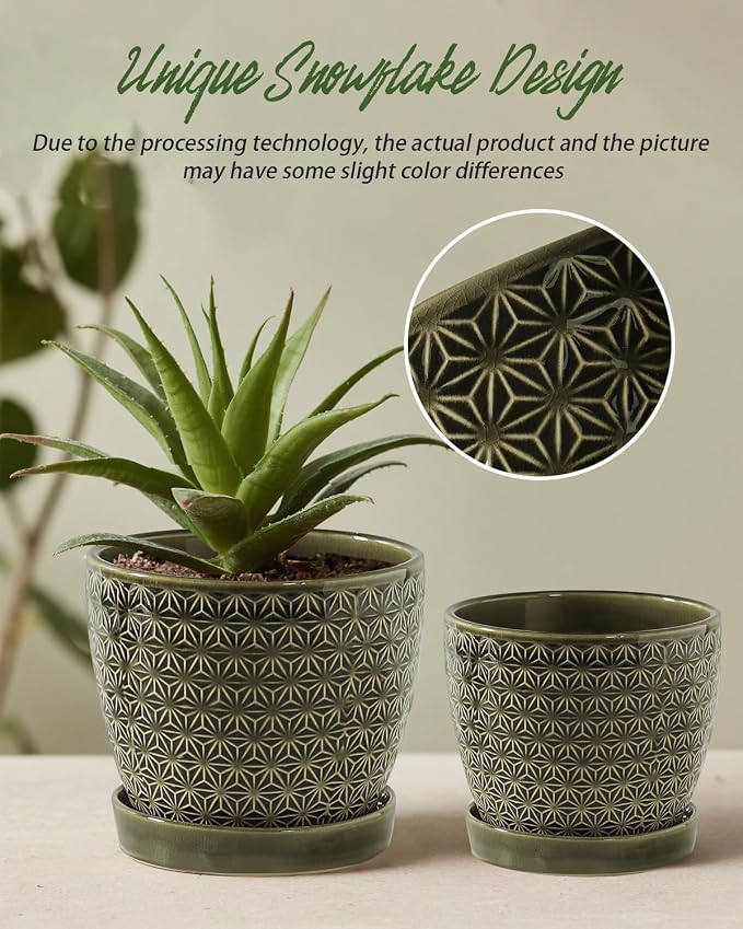 Plant Pots, Flower Pots, Planters for Indoor Plants(6.5+5.5inch), Flower Pots for Indoor Plant with Drainage Hole and Saucer, Ceramic Pots for Plants with Hole Mesh Pad,Reactive Glaze Green