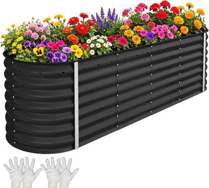YITAHOME 8x2x2ft Galvanized Oval Raised Garden Bed, Metal Planter Box with Safety Rubber, Gloves, Outdoor Flower Bed for Planting Plants Vegetables, Black