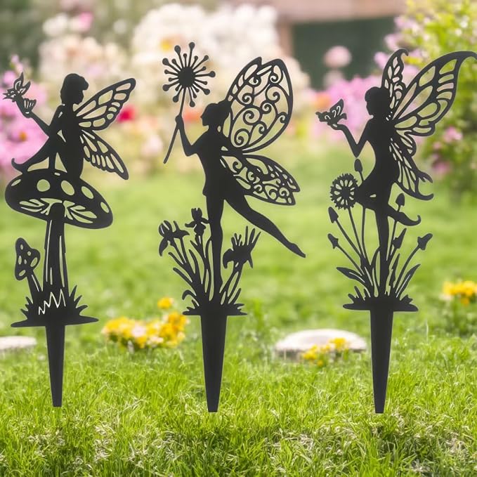 Decorative Garden Stakes， Fairy Garden Stakes, Butterfly Fairy Stakes for Weather Resistant Black Metal Outdoor Decorative Art for Women Gift (Matte Black, 3P-B)