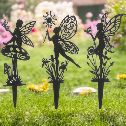 Decorative Garden Stakes， Fairy Garden Stakes, Butterfly Fairy Stakes for Weather Resistant Black Metal Outdoor Decorative Art for Women Gift (Matte Black, 3P-B)