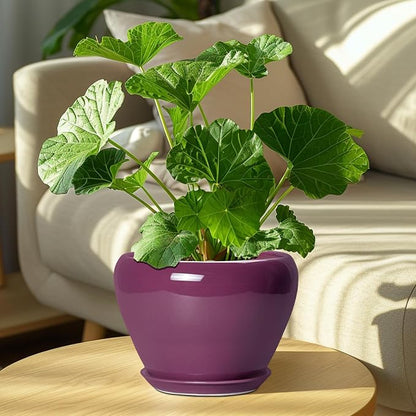 Ceramicfor Ceramic Planter - 8 Inch Plant Pot Indoor with Drainage Hole and Saucer, Glaze Decorative Planter, Round Flower Pot, Plant Lover Gifts, Home Garden Office Decor, Purple