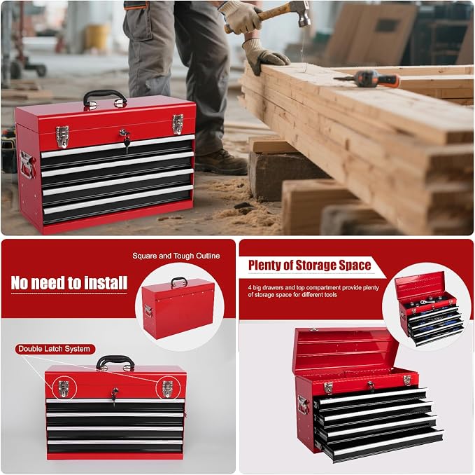 4 Drawers Metal Tool Box, 21'' Portable Metal Tool Box with EVA Liners & Auto-Locking Mechanism, Heavy Duty Steel Tool Chest with Ball-Bearing Drawer Slides & Convenient Top Handle, Red&Black