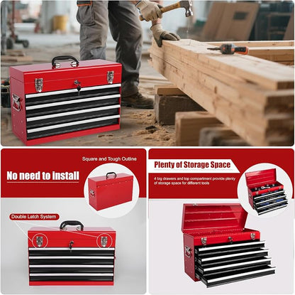 4 Drawers Metal Tool Box, 21'' Portable Metal Tool Box with EVA Liners & Auto-Locking Mechanism, Heavy Duty Steel Tool Chest with Ball-Bearing Drawer Slides & Convenient Top Handle, Red&Black