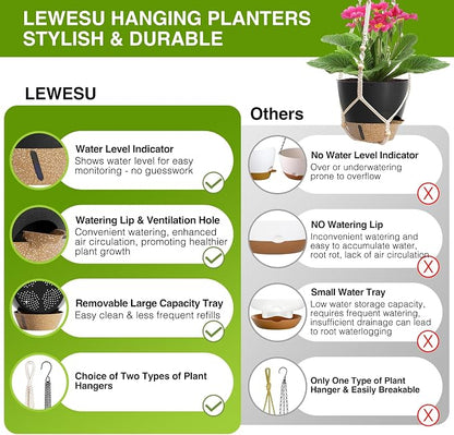 LEWESU Set of 2 Hanging Planters for Indoor Plants with Self Watering Includes Hanging Pots and 2 Types Plant Hangers, Outdoor Hanging Baskets Holder for Home Garden, 10 Inch Midnight Black