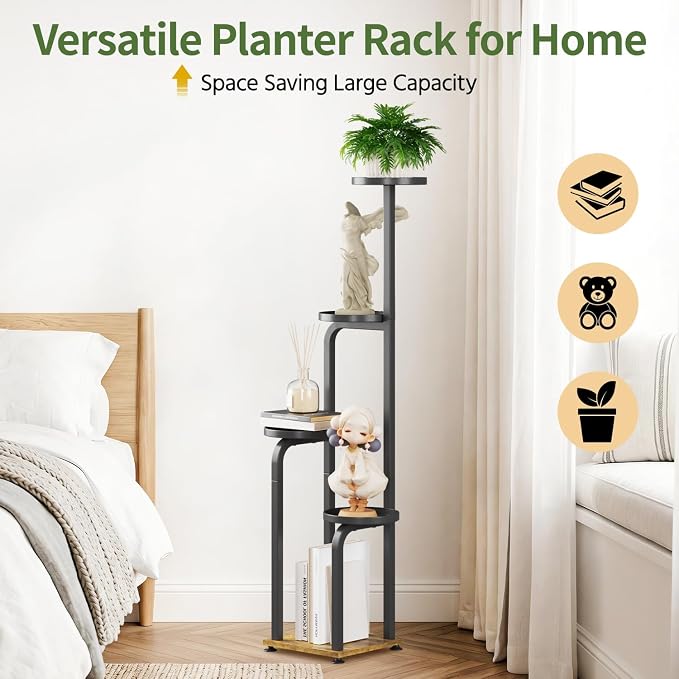 LASZOLA 5 Tiered Plant Stand Tall for Indoor Corner, Modern Multiple Flower Display Rack with Metal Tray, Vertical Planter Shelf for Living Room Bedroom Patio Garden Balcony, Black