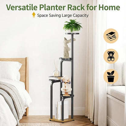 LASZOLA 5 Tiered Plant Stand Tall for Indoor Corner, Modern Multiple Flower Display Rack with Metal Tray, Vertical Planter Shelf for Living Room Bedroom Patio Garden Balcony, Black