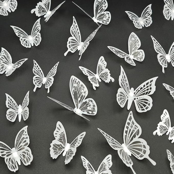 White Butterfly Wall Decals - 72 pcs 3D Butterflies Removable Mural Wall Stickers for Home Room Bedroom Decoration