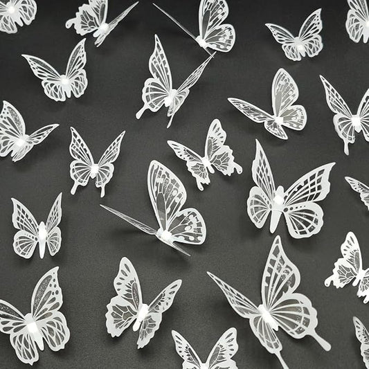 White Butterfly Wall Decals - 72 pcs 3D Butterflies Removable Mural Wall Stickers for Home Room Bedroom Decoration