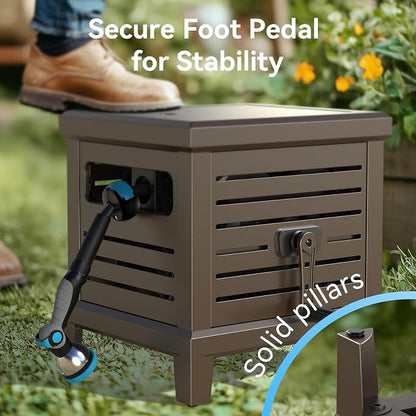 Relhost Hose Reel, Heavy Duty Metal Deck Box Hideaway Holds 125 ft x 5/8" Hose, Garden Hose Reel with Never-Leak System, Manual Crank Handle, Hose Guide, Ideal for Yards, Patios, and Garden Sheds