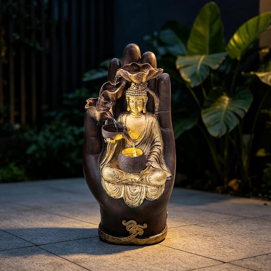 23" H Buddha Water Fountain, Outdoor Buddha Fountain with LED Lighting, Zen Relaxing Waterfall Indoor Fountain for Patio, Porch, or Yard Decor