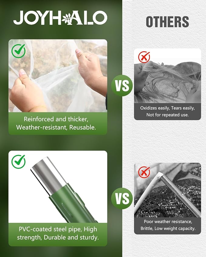 6 Sets Garden Hoops with 10x30 Ft Netting for Raised Beds, 18 Clips | 10x30 Ft Garden Net, Bird & Cicada Net for greenhouse, Vegetables, Trees, Garden crops, Plant cover, Frost guard, Shade cloth