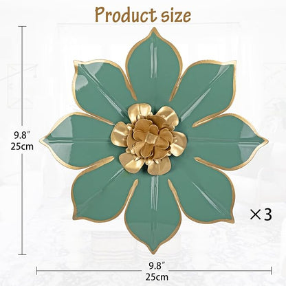 Metal Flowers Wall Decor Set of 3, Green & Gold 3D Floral Metal Wall Art Decor for Inoor & Outdoor Use, Vintage & Modern Walls Arts for Bathroom, Living Room, Bedroom, Garden, Patio, Porch, Office,10"
