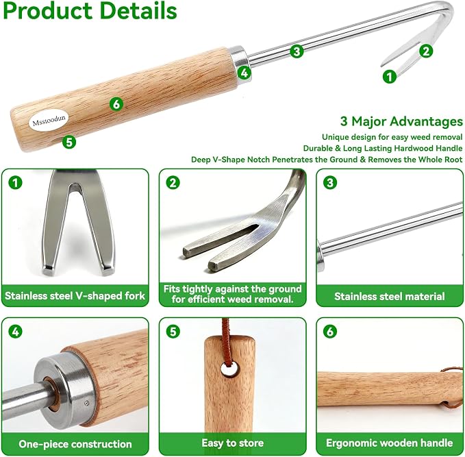 2 Pack Double Claw Root Hook Weeding Tool with Wooden Handle, Hand Weeder Tool for Garden Weed Removal, Manual Weed Puller for Deep Roots & Dandelions, Bonus Stainless Steel Single Claw Root Hook