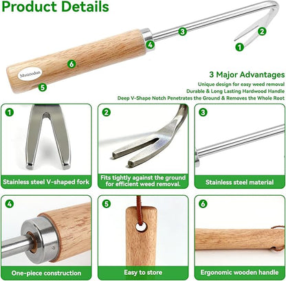 2 Pack Double Claw Root Hook Weeding Tool with Wooden Handle, Hand Weeder Tool for Garden Weed Removal, Manual Weed Puller for Deep Roots & Dandelions, Bonus Stainless Steel Single Claw Root Hook