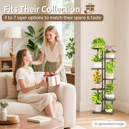 LASZOLA 6 Tier Plant Stand Indoors Outdoors for Large Heavy Duty Planter, Black Metal Tall Flower Holder Rack with Multiple Shelf for Modern Patio Corner, Vertical Organizer, Weather Resistant Bracket