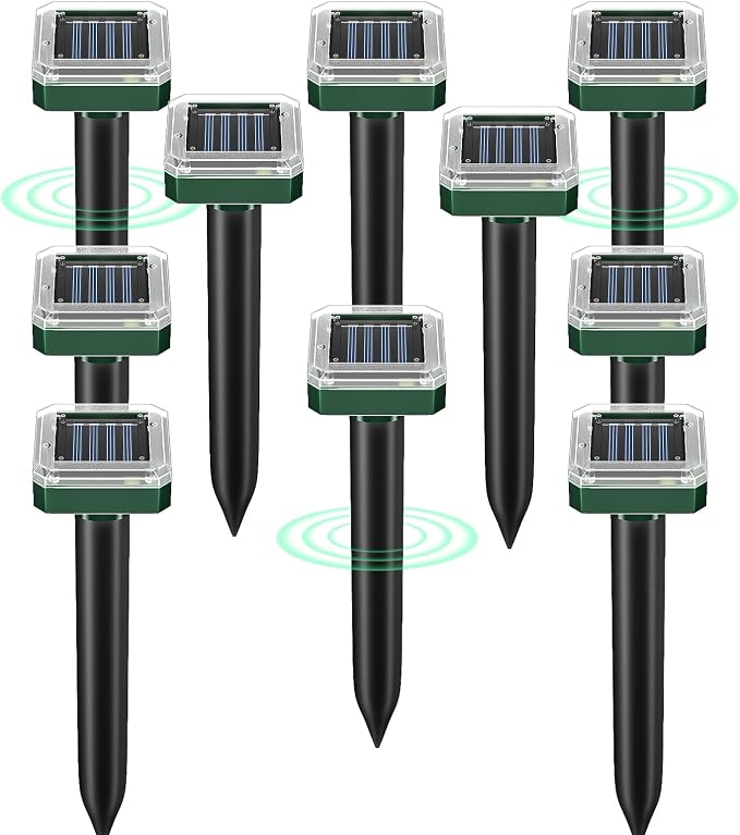 Solar Powered Mole Repellent 10 Packs, Ultrasonic Snake Gopher Vole Repellent for Lawn Garden, Waterproof Outdoor Pest Repeller for Moles Groundhogs Chipmunks