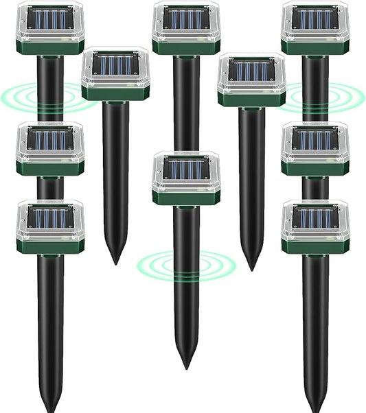 Solar Powered Mole Repellent 10 Packs, Ultrasonic Snake Gopher Vole Repellent for Lawn Garden, Waterproof Outdoor Pest Repeller for Moles Groundhogs Chipmunks