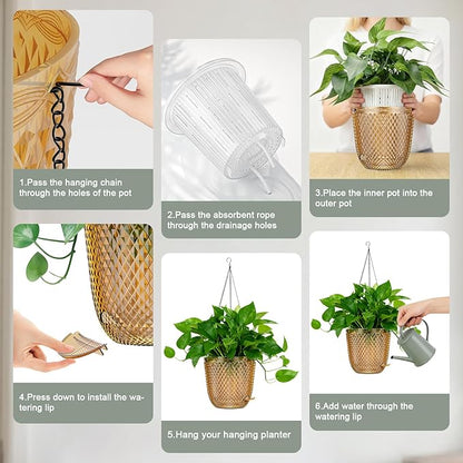 QCQHDU Hanging Planters for Indoor Plants, 2-Pack, 5.7 Inch, Gold | Plastic, Self Watering Plant Hanger, with Drainage Holes, 3 Hooks Chains, For Garden Home
