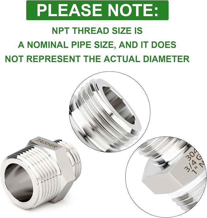 TAISHER 1PCS 304 Stainless Steel Garden Hose Adapter, 3/4" GHT Male x 1" NPT Male Garden Hose Connector with Washers