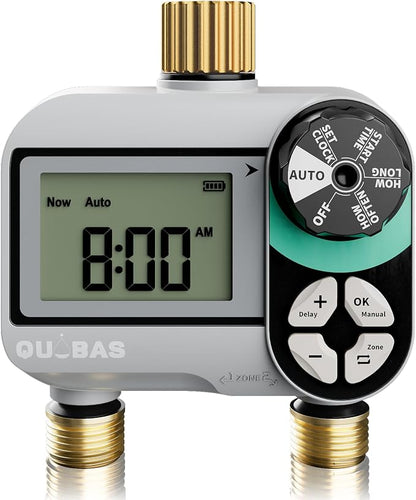 QUOBAS Brass Sprinkler Timer, Programmable Water Hose Timer for Garden Hose Faucet with Waterproof LCD Screen, Rain Delay/Manual/Automatic Irrigation Watering System for Garden, Lawn, Yard - 2 Zone