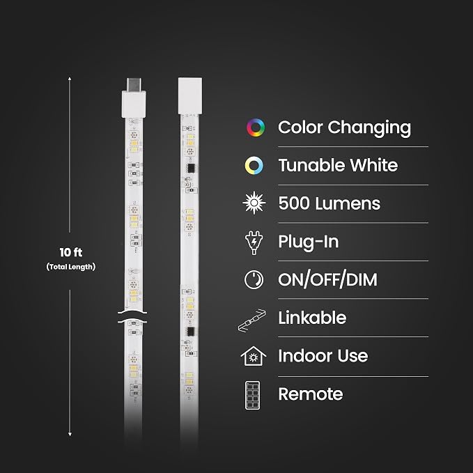 Feit Electric 10ft Chasing & Tunable White LED Tape Light, Dimmable, RGB Colors, Cut-to-Fit, Linkable up to 40ft, Slim 0.4in Width, Indoor/Outdoor Plug-In Light Strip, Remote Controlled, TAPE120/CHASE