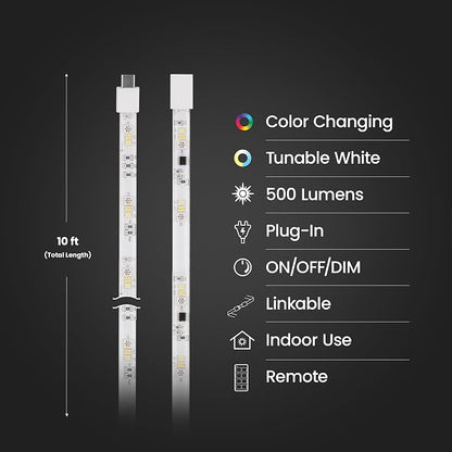 Feit Electric 10ft Chasing & Tunable White LED Tape Light, Dimmable, RGB Colors, Cut-to-Fit, Linkable up to 40ft, Slim 0.4in Width, Indoor/Outdoor Plug-In Light Strip, Remote Controlled, TAPE120/CHASE