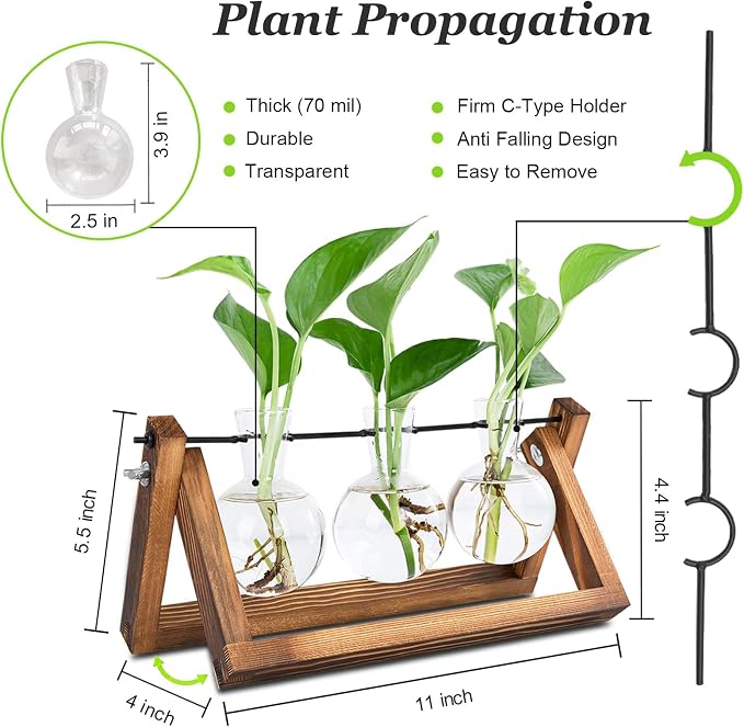 Renmxj Plant Propagation Station, Plant Terrarium with Wooden Stand | Unique Gardening Birthday Gifts for Women Plants Lovers, Home Office Garden Decor Planter - 3 Bulb Glass Vases
