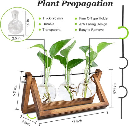 Renmxj Plant Propagation Station, Plant Terrarium with Wooden Stand | Unique Gardening Birthday Gifts for Women Plants Lovers, Home Office Garden Decor Planter - 3 Bulb Glass Vases