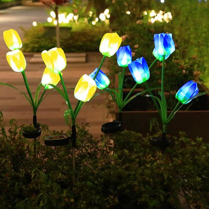Garden 4 Pack LED Solar Flower Lights with More Realistic Tulips Flowers Solar Garden Lights Outdoor Waterproof for Yard Patio Lawn Pathway Walkway Decoration Yellow & Blue Combo