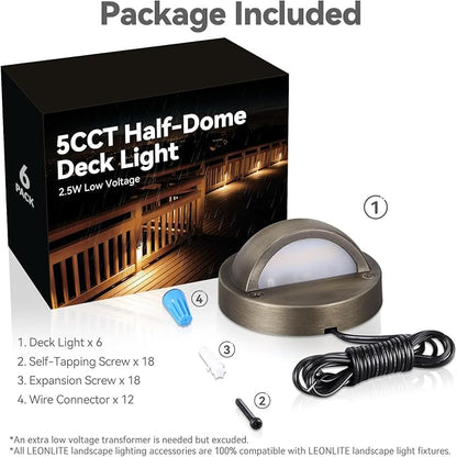 LEONLITE 6-Pack 5CCT 3.74inch Low Voltage LED Deck Lights, Bronze | 180LM, 12-24V AC/DC, CRI90, UL Listed, Die-cast Aluminum Housing, Frosted Glass Lens, 1800K/2700K/3000K/4000K/5000K