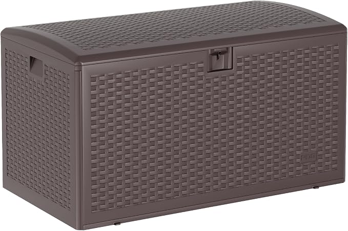 Garvee 73 Gallon Waterproof Large Resin Deck Box Indoor Outdoor, Lockable Storage Container for Patio Furniture Tools, Waterproof Deck Box Patio Storage Bin for Pool Garden, Brown