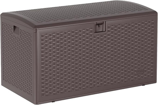 Garvee 73 Gallon Waterproof Large Resin Deck Box Indoor Outdoor, Lockable Storage Container for Patio Furniture Tools, Waterproof Deck Box Patio Storage Bin for Pool Garden, Brown
