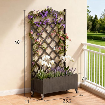 COMHOMA 2 Pack Planter Box with Trellis and Wheels, 48In Elevated Raised Garden Bed, Drainage Holes, Outdoor Lattice for Climbing Flowers, Vegetables, Patio Balcony, Brown