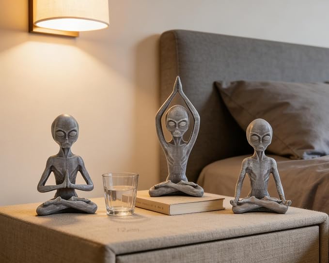 Yoga Alien Statues Decor(Set of 3) 3 Poses Sci-Fi Zen Decor for Yoga Room, Meditation Space, Living Room, Office, Gift for Yoga Enthusiasts & Sci-Fi Fans